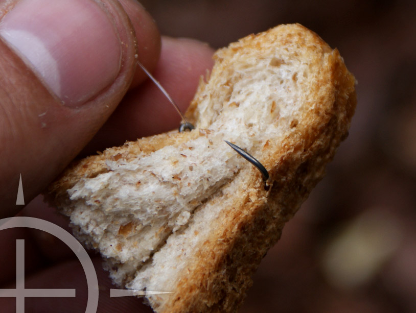 Prik hem er nu helemaal doorheen. Het oog van de haak leunt nu tegen de broodkorst aan. De punt is nog vrij van brood